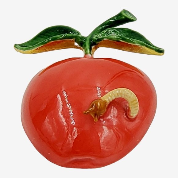 Original by Robert Enamel Apple Worm Brooch Red Fruit Figural Signed VTG - Picture 3 of 12